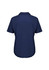 A navy short sleeve blouse with a collared neckline and a smooth back design. It features a logo on a label.
