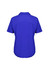A blue short sleeve women's blouse with a collar, featuring a smooth fabric and a logo.