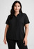 A black short sleeve blouse with a button-up front and a collared neckline, styled on a model.