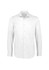 A white button-up shirt with long sleeves, featuring a single chest pocket and a logo.