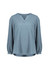 A light blue long sleeve blouse featuring a V-neck and ruché detailing. The blouse has a subtle texture and a relaxed fit.