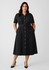 A black midi dress with a button-down front, short sleeves, and a belt at the waist. It features side pockets.