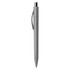 A grey plastic pen with a clip and a shiny silver tip, featuring a logo.