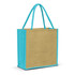 A jute tote bag with a natural brown body and turquoise handles, featuring a simple design and a logo.