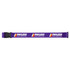A purple luggage strap with a logo, featuring multiple segments of branding along its length.