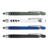Four plastic pens in dark green, white, blue, and charcoal grey, each featuring a silver clip and a branding logo.