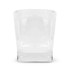 A glass tumbler with a clear, straight-edged design and a sturdy base. It features a logo on the side.