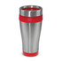 A drink bottle with a stainless steel body and a red rubber grip and lid. It has a circular design and a logo.