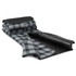 A folded picnic blanket in grey and black plaid, featuring a smooth black underside and a rolled-up design.