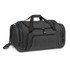 A black duffle bag with multiple pockets and a shoulder strap, featuring handles and a logo.