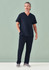 A unisex pulse V-neck scrub top in navy blue worn with matching scrub pants, featuring a logo.