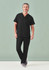 A man poses in black unisex scrub pants and matching short-sleeve top, with a plain background.