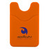 An orange phone wallet with a textured finish and a logo in the centre.
