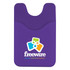 A purple phone wallet featuring a pocket design and a logo at the bottom.