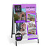 A black metal A-frame sign featuring images of houses and a key, with a purple and white colour scheme and a logo.