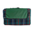A folded picnic rug featuring a green top and a plaid pattern in blue, red, and cream colours. It has a carrying handle and a logo.