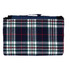 A folded picnic rug with a navy, green, and red tartan pattern, featuring a handle for carrying.