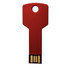 A red key-shaped USB flash drive with a gold connector and a hole for attachment. Features a logo.