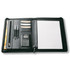A black imitation leather A4 zippered compendium featuring a calculator, pens, and pockets for notes and cards.