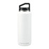 A drink bottle made of stainless steel, featuring a white body and a black lid, designed for keeping beverages cold.