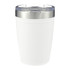 A drink tumbler with a frosted white body and a stainless steel rim, featuring a clear lid.