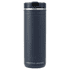 A drink bottle in navy blue with a stainless steel lid and a logo. Designed for thermal retention.