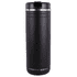 A drink bottle in matte black with a silver band and a lid, featuring a logo. Suitable for thermal beverages.