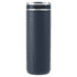 A drink bottle in navy blue, featuring a sleek design and a silver band, with a removable straw top.