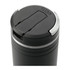 A drink bottle with a sleek black finish, featuring a silver accent and a flip-top lid. It has a logo on the cap.