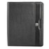 A black Nappa leather A4 zippered compendium with a sleek design and branding. Ideal for office and business use.