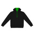 A black unisex hoodie with a green interior hood and drawstrings, featuring a front pocket and a logo.