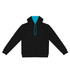 A black unisex hoodie with a turquoise hood and drawstrings, featuring a front pocket and a logo.
