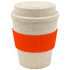 A drink bottle made of bamboo mix with a textured orange silicone band and a light speckled cream body.