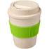 A drink bottle featuring a speckled cream finish with a green silicone grip, designed for reusable coffee.
