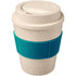 A drink bottle featuring a cream-coloured exterior and a teal silicone grip, made from a bamboo mix material.
