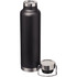 A drink bottle in matte black with a stainless steel cap and an attached handle. Features a logo on the side.