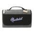 A grey picnic rug with a black flap and a logo. It features a handle for easy transport.
