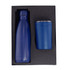 A blue drink bottle and tumbler set, both nestled in black foam packaging inside a box.