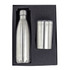 A drink bottle and tumbler set in stainless steel, presented in a black gift box with foam insert.