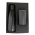 A drink bottle and tumbler gift set in black, presented in a protective box with foam padding.
