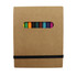 A notepad set with a brown cover and an assortment of colourful markers visible through a cut-out window.