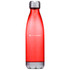 A drink bottle with a sleek red plastic body and a silver cap, featuring a logo on the side.