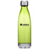 A drink bottle in translucent green plastic with a metallic silver lid and a logo on the front.