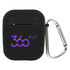 A black earbud case with a carabiner clip and a purple logo on the front.