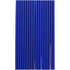 A collection of blue drinking straws arranged neatly in a row, featuring a simple design and a logo.