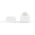 A white cube lip balm with a round top, featuring a removable lid. Simplistic design with no visible branding.