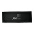 A black fitness towel with a logo and text. Its smooth texture is suitable for cooling activities.