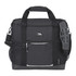 A black cooler bag with a sturdy handle, mesh pockets, and a shoulder strap, featuring a logo on the front.