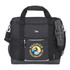 A black cooler bag with a mesh pocket, featuring a logo on the front and sturdy carrying handles.