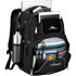 A black backpack with multiple compartments, featuring a drink bottle holder, tablets, notebooks, and a logo.